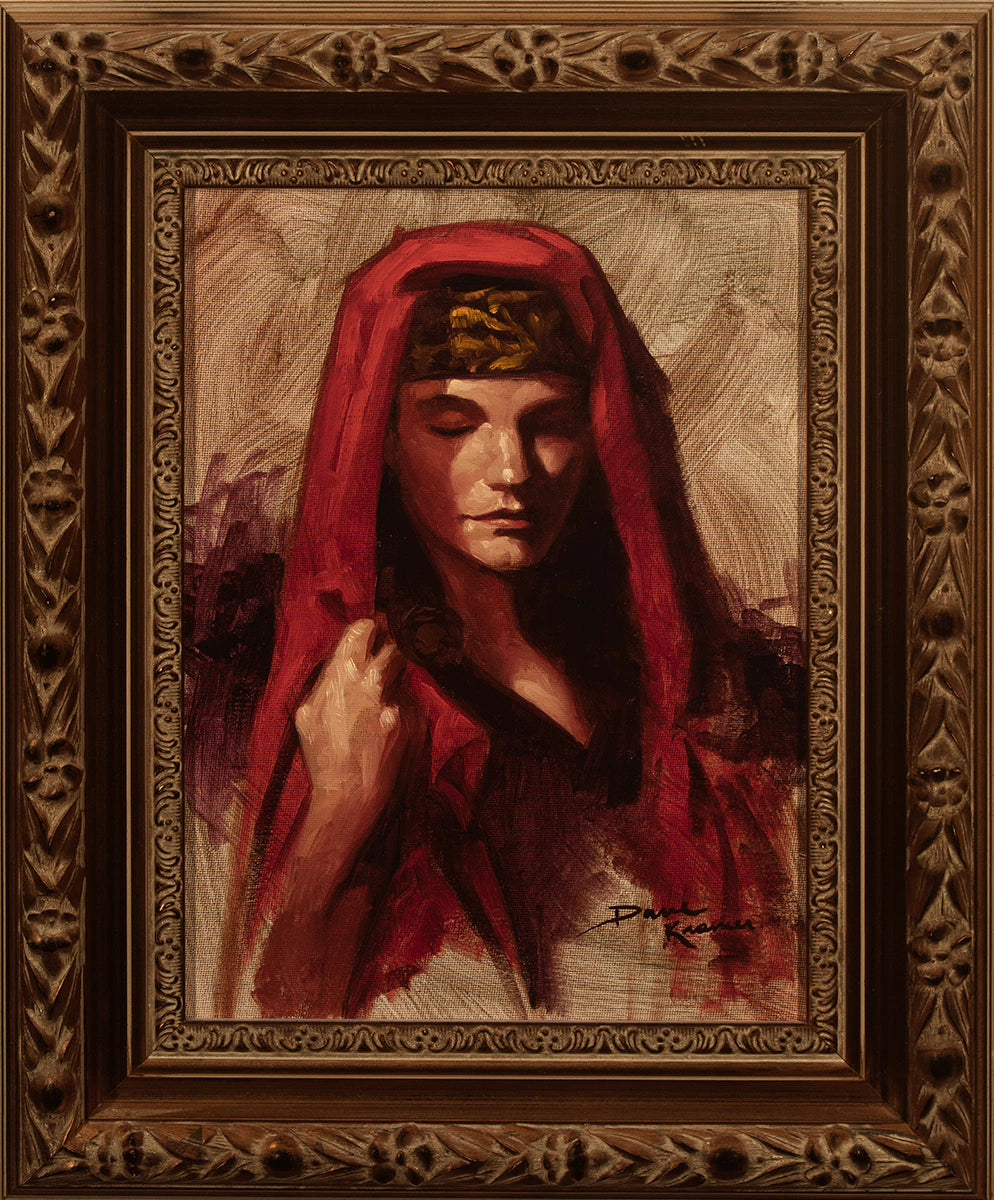 Scarlet Veil, oil study oil on canvas 9"x12"  framed 14"x17"