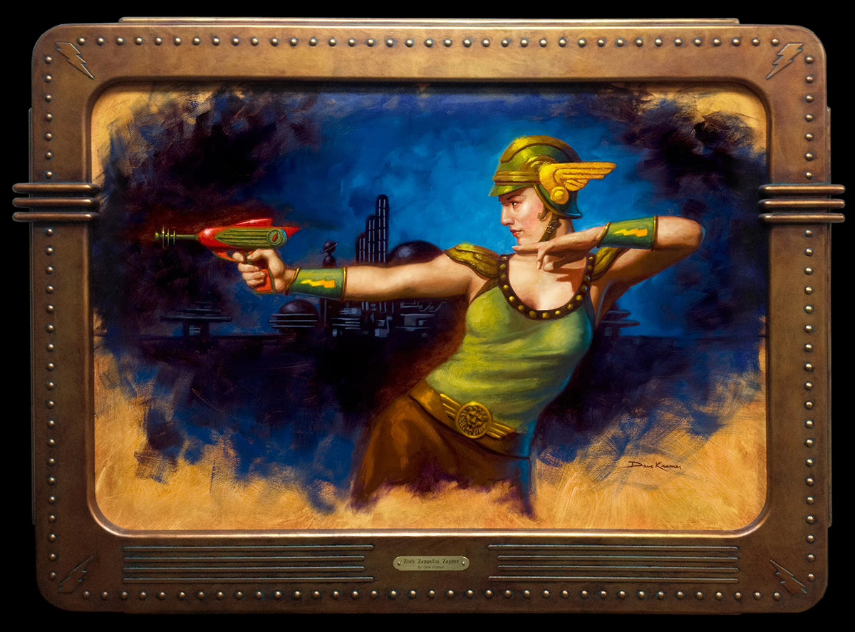 Zoe's Zeppelin Zapper 23"x30" oil on wood panel (one-of-a-kind artist designed frame.)